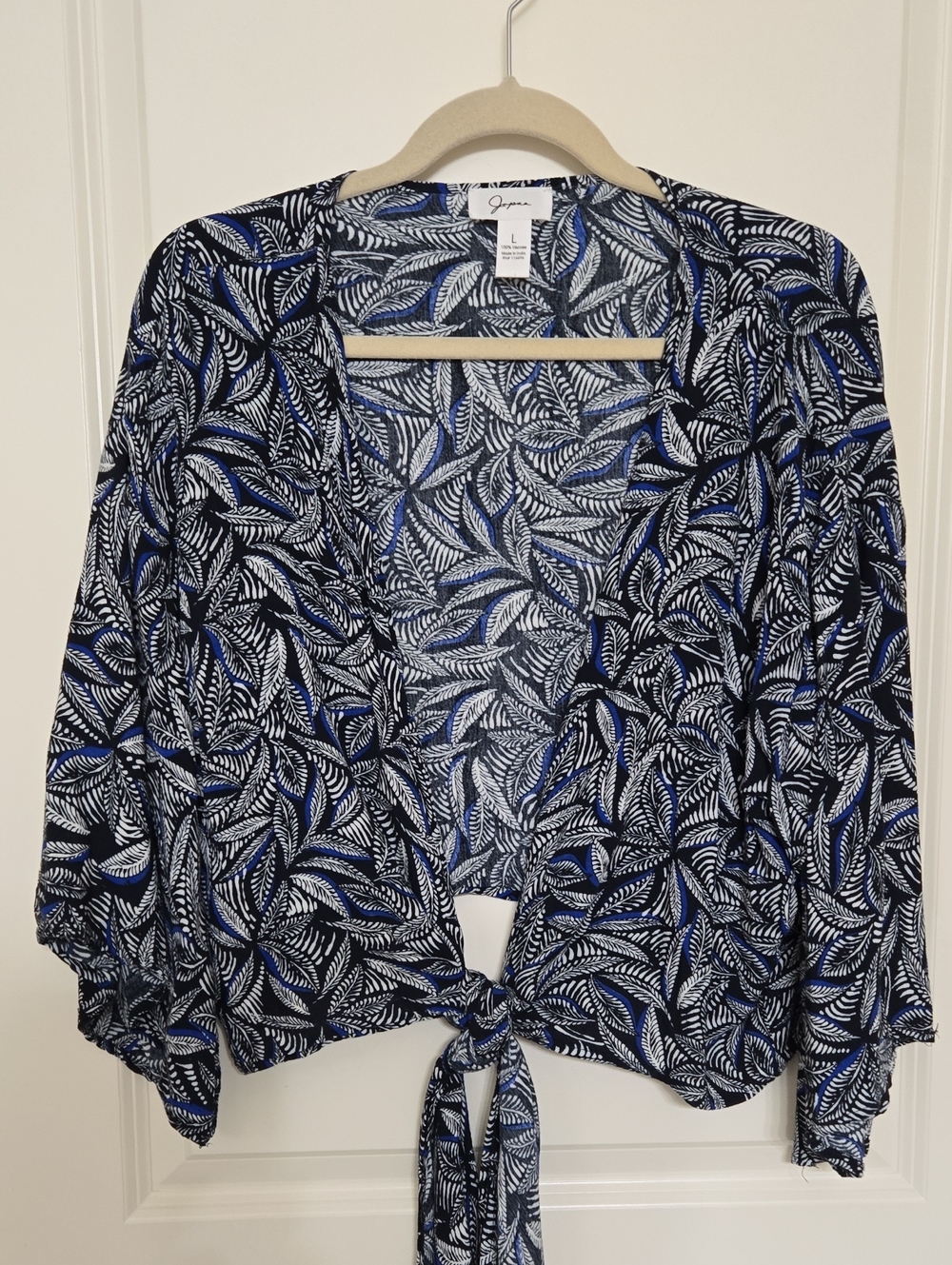 Japna Navy Blue White Leaf Print Tie-Front Top